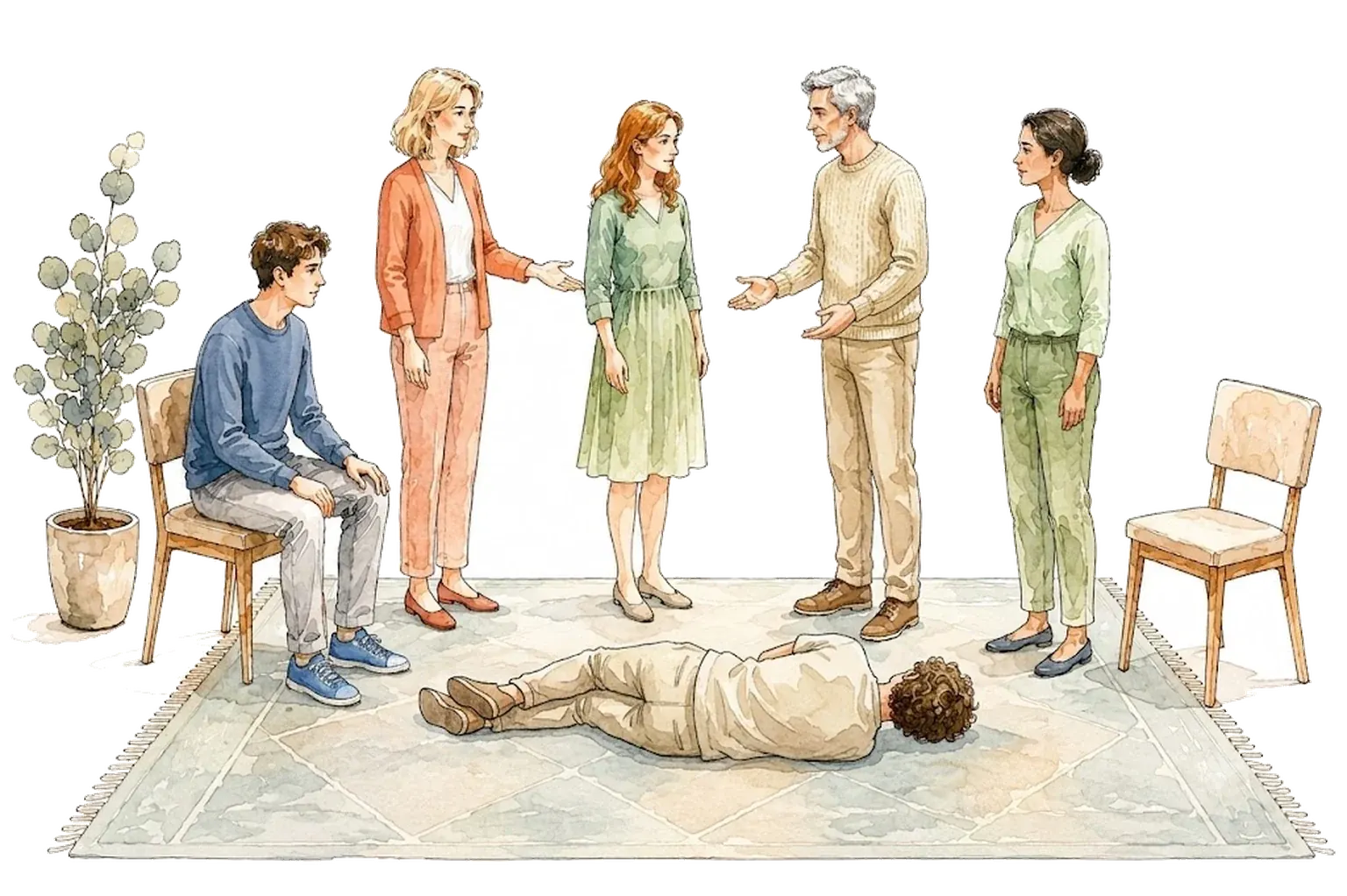 A constellation in progress, with a client, a facilitator, and representatives placed around the room
